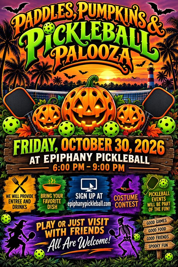 Paddles, Pumpkins & Pickleball Palooza flyer - Friday, October 30, 2026 at Epiphany Pickleball